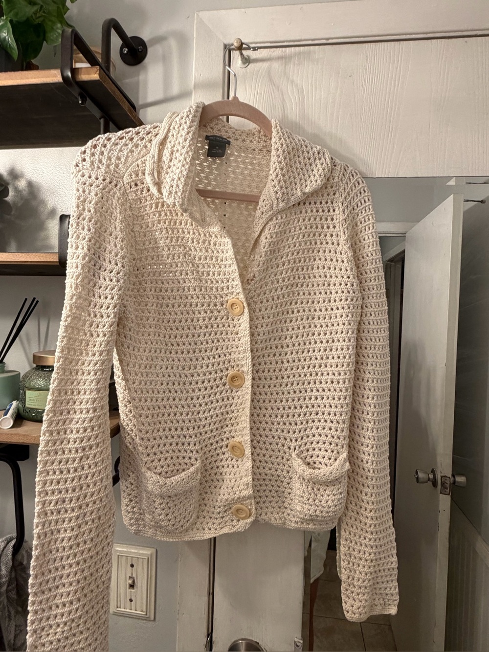Ann Taylor Cream Crochet Button-Up Cardigan